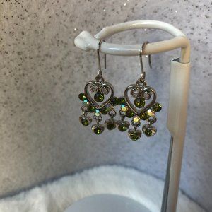 Green and Clear Faux Crystal Silver Dangly Earrings